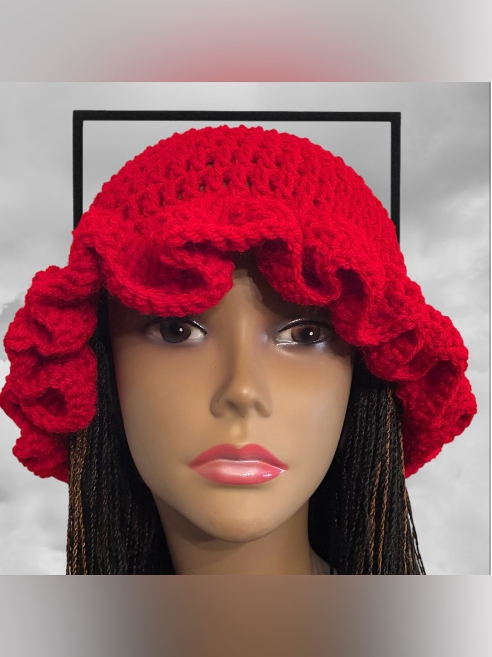 Red Ruffled Handmade Crocheted Bucket Hat - Women's Fashion Accessory